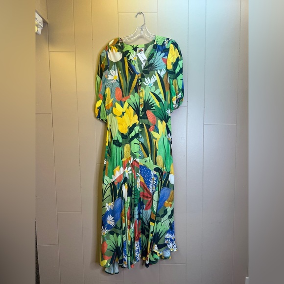 Farm Rio Vintage Toucans Button Down Midi Dress Size Medium NWT Green Multi - Picture 2 of 10